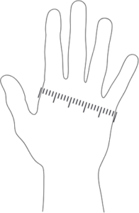 hand mit massband größentabelle